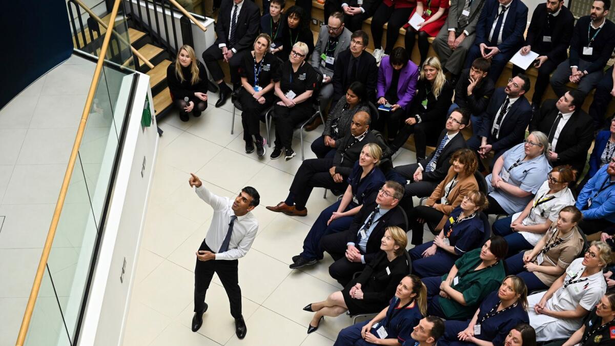 Britain's Prime Minister Rishi Sunak speaks during a Q&amp;A session at Teesside University in Darlington, north-east England, on Monday. — AP