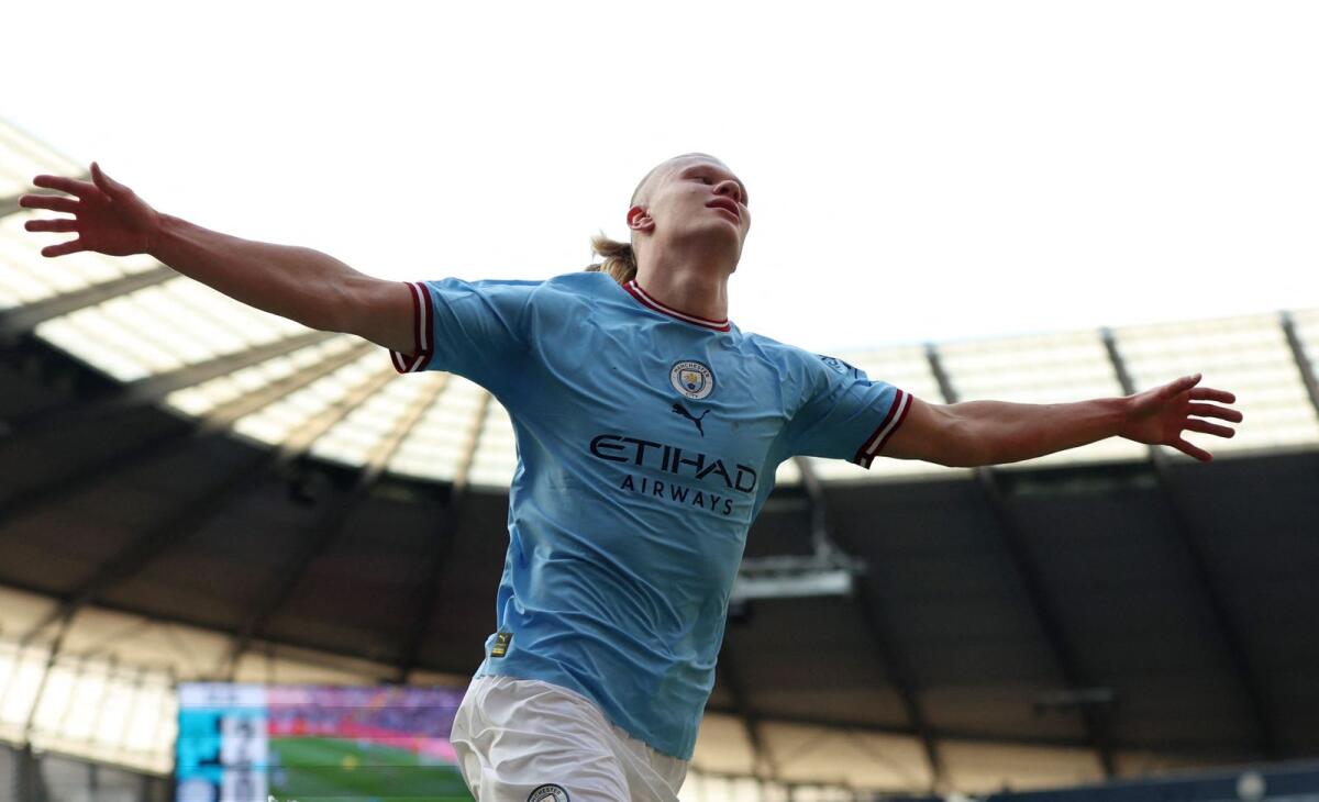 Manchester City's Erling Braut Haaland celebrates scoring their third goal. — Reuters
