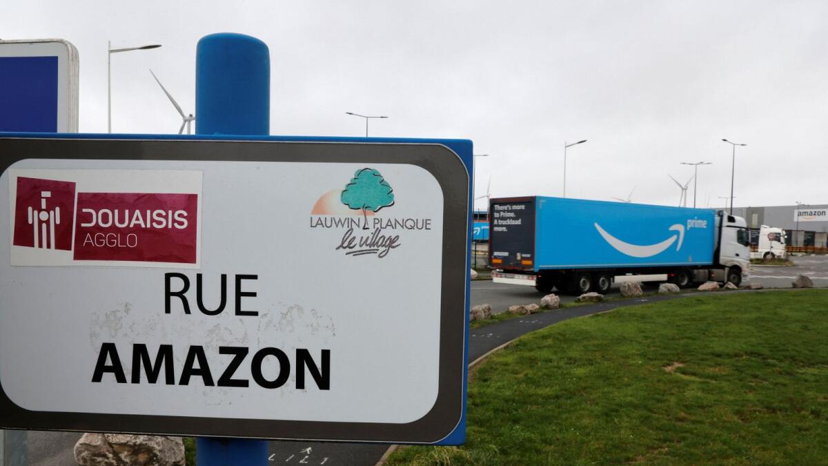 The logo of Amazon Prime Delivery is seen on the trailer of a truck outside the company logistics centre in Lauwin-Planque, northern France, on January 5, 2023. — Reuters