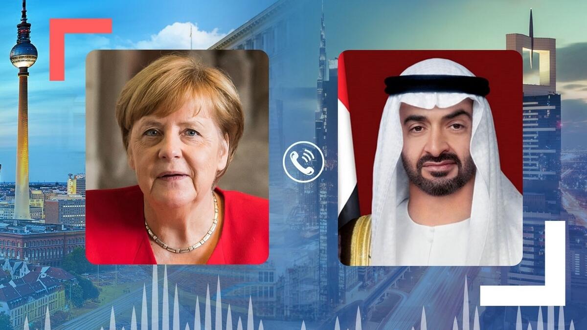 Sheikh Mohamed, Angela Merkel, UAE, Germany, cooperation, Libya, phone call
