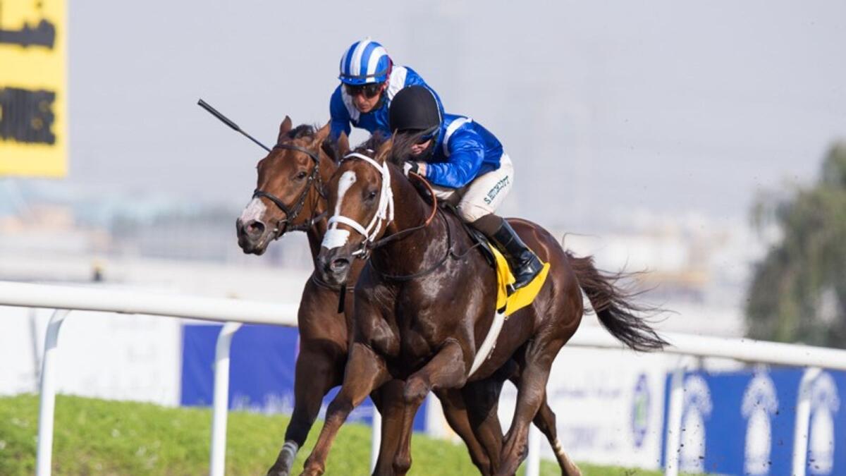 Gabr en route to winning the feature race at the Jebel Ali Racecourse in Dubai on Friday afternoon. — ERA