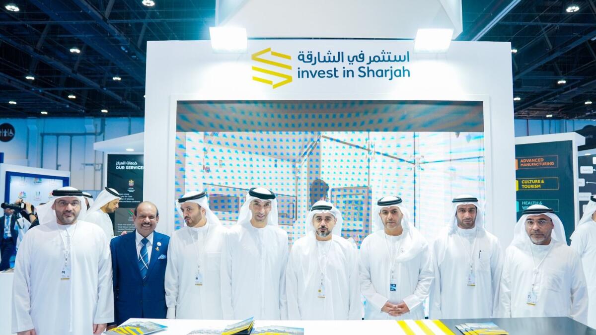 Dr. Thani Bin Ahmed Al Zeyoudi, UAE Minister of State for Foreign Trade;  Ahmed Jassim Al Zaabi, Chairman of the Abu Dhabi Department of Economic Development at Sharjah Pavillion in AIM. — Supplied photo