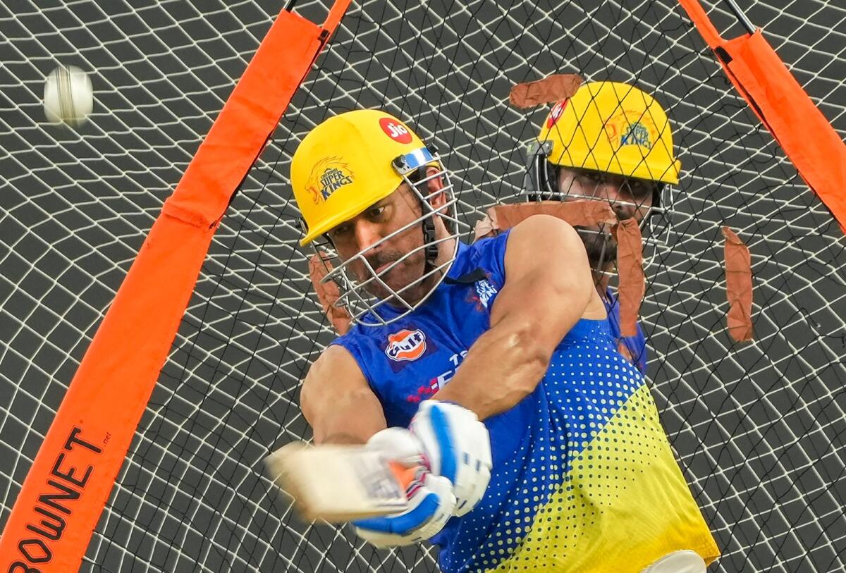Chennai Super Kings skipper MS Dhoni during a practice session. — PTI
