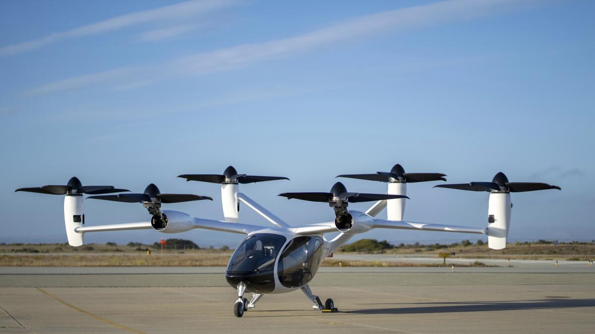 In this 2022 photo provided by Joby Aviation is Joby’s pre-production prototype aircraft at the company’s flight test facility in Marina, Calif. — AP file