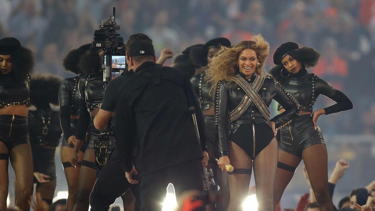 Feb 7, 2016; Santa Clara, CA, USA; Recording artist Beyonce performs during halftime in Super Bowl 50 at Levi's Stadium. Mandatory Credit: Cary Edmondson-USA TODAY Sports