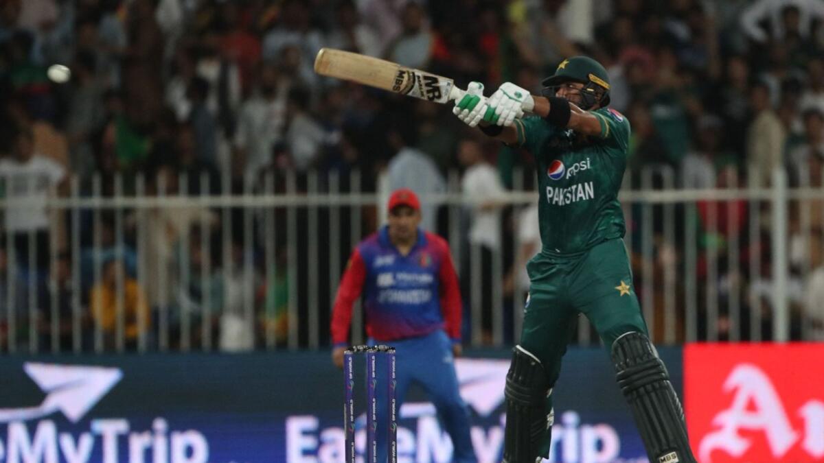 Pakistan batsman Iftikhar Ahmed plays a shot against Afghanistan on Wednesday. AFP