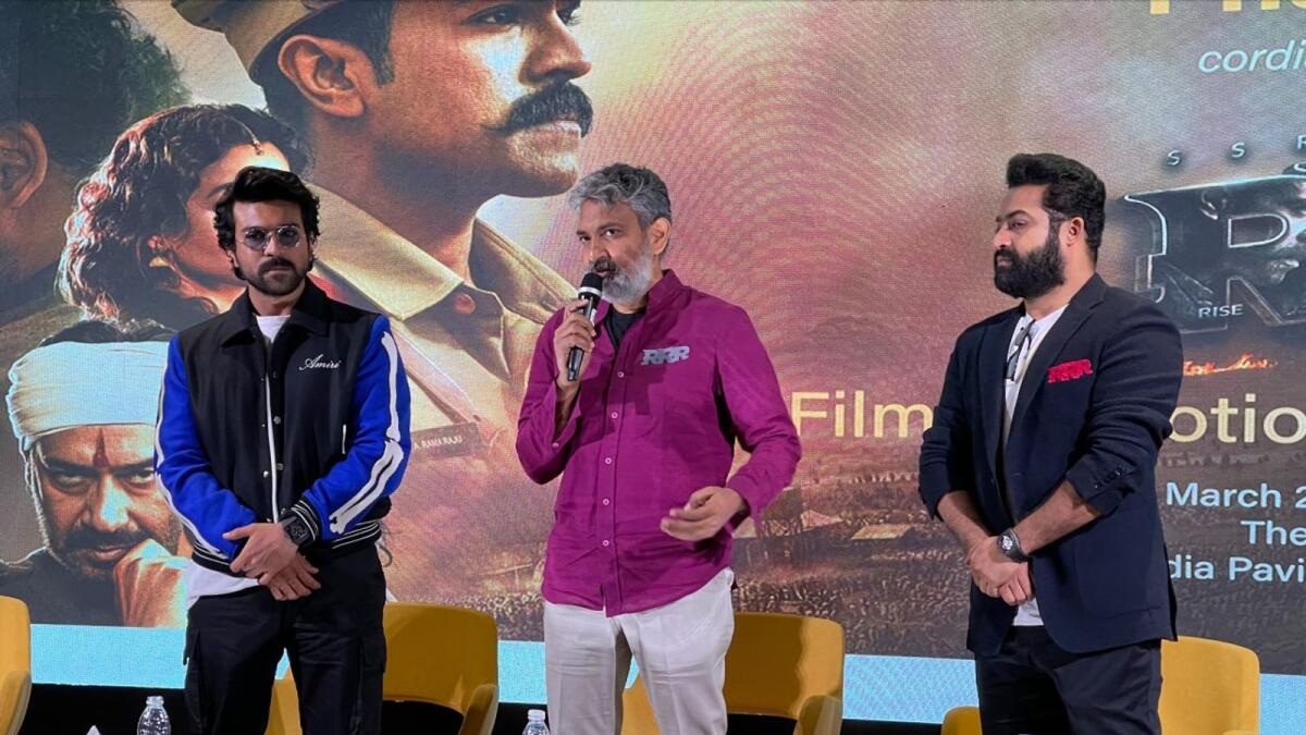Filmmaker S.S Rajamouli, Ram Charan and N.T. Rama Rao Jr at the press conference of RRR, held at India Pavilion, Expo 2020 Dubai (Photo: Husain Rizvi/ KT)