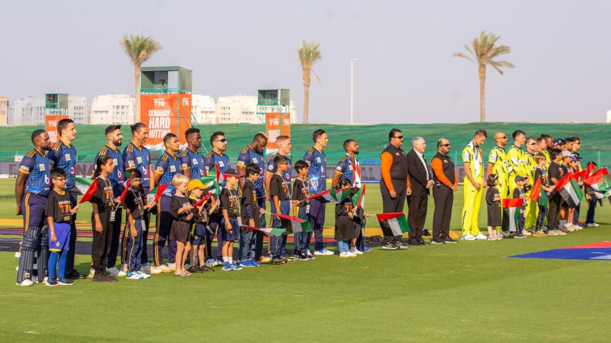 On the occasion of UAE National Day, the members of Abu Dhabi T10 franchises Team Abu Dhabi and the Deccan Gladiators stood in unison for the UAE's National Anthem before the start of the match on Saturday, December 2 at the Zayed Cricket Stadium in Abu Dhabi - Supplied photo