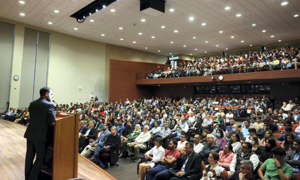 Congress leader Rahul Gandhi speaks during an interactive session at the Stanford University in California, USA. Photo: PTI