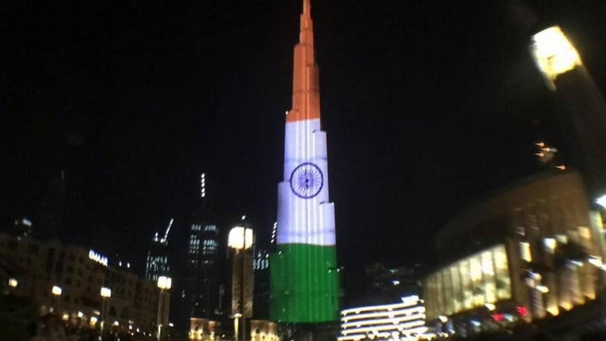 Indian national flag is displayed on Dubai's Burj Khalifa to mark the country's 74th Independence day last year. — File photo