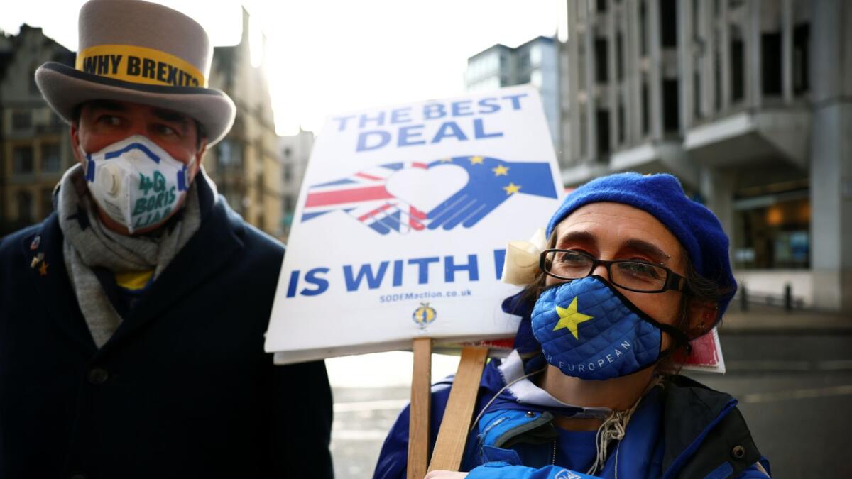 Anti-Brexit protesters demonstrate near the conference centre where Brexit trade negotiations are taking place, in Westminster. Reuters