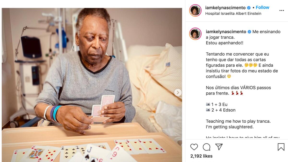 Pele's daughter Kely Nascimento says the football legend is teaching her how to play a card game. (Instagram)