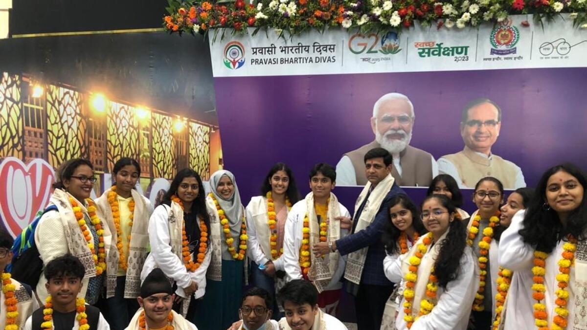 A group of students from Indian schools in the UAE at the Pravasi Bhartiya Divas event in Indore, India. — Supplied photo