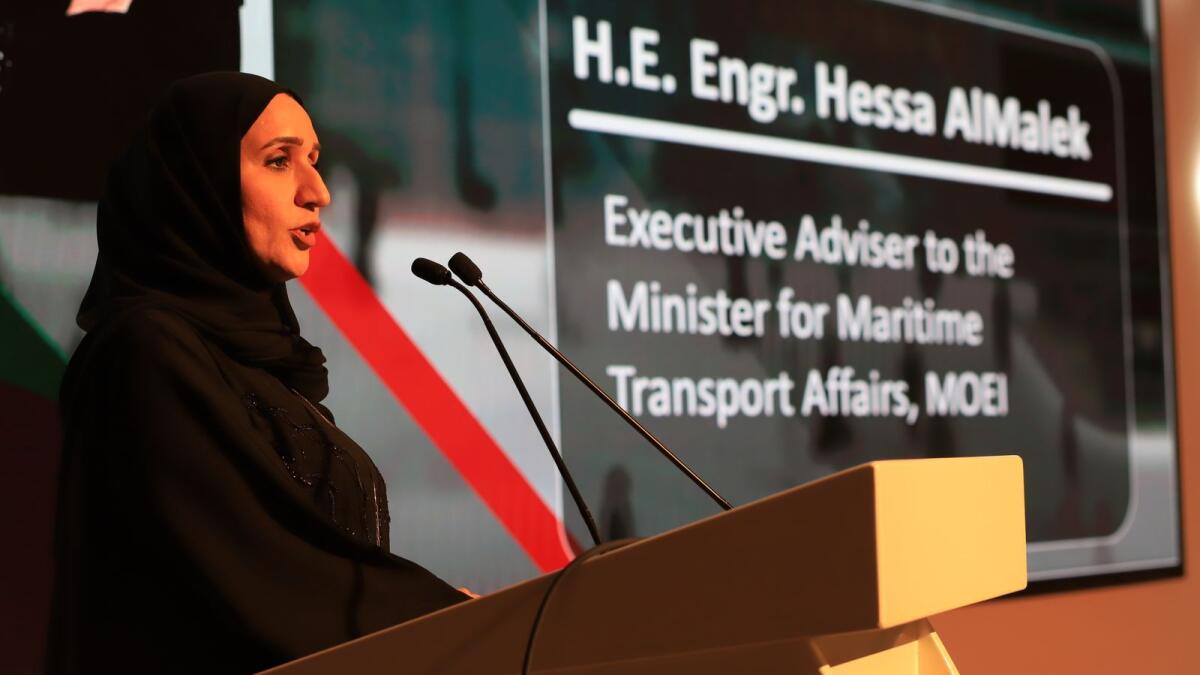 Hessa Al Malek, advisor to the Minister for Maritime Transport Affairs, UAE Ministry of Energy and Infrastructure, addressing the 4th annual ‘Safety at Sea’ conference in Dubai.— Supplied photos