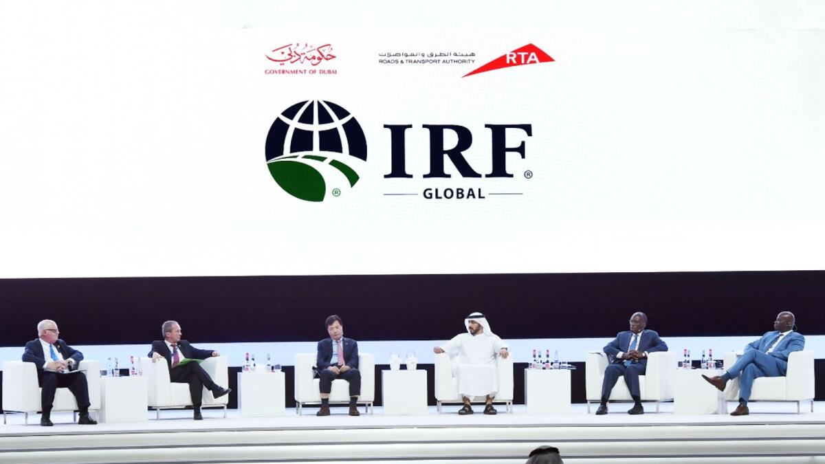 Sheikh Nasser Majid Al Qasimi, undersecretary for the infrastructure and transport sector at the Ministry of Energy and Infrastructure, and other panelists during the 18th International Roads Federation (IRF) World Meeting and Exhibition (Photo supplied)