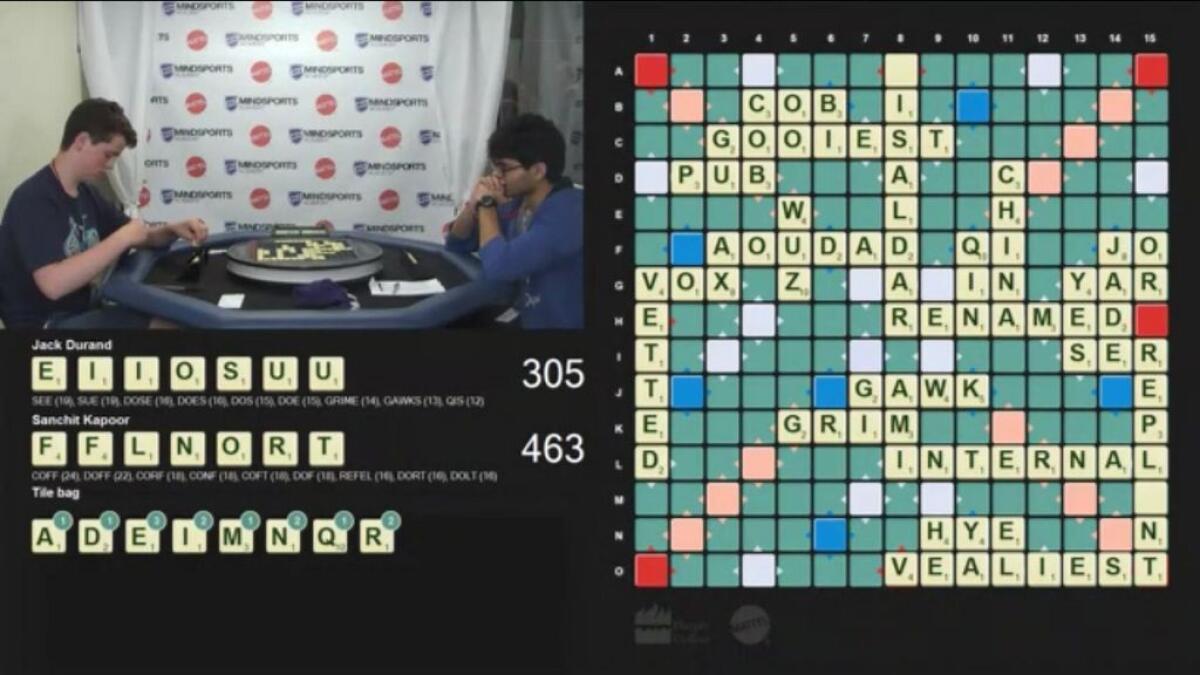 Screenshot of online coverage of the game between Sanchit and 2014 champion Jack Durand of UK.  Sanchit won 515-331, using words such as RISALDAR (an old army tank) for 77pts.