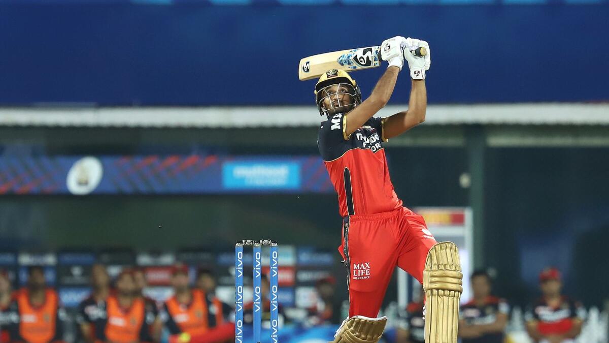 Harshal Patel of Royal Challengers Bangalore plays a shot during the match against Mumbai Indians. (BCCI)