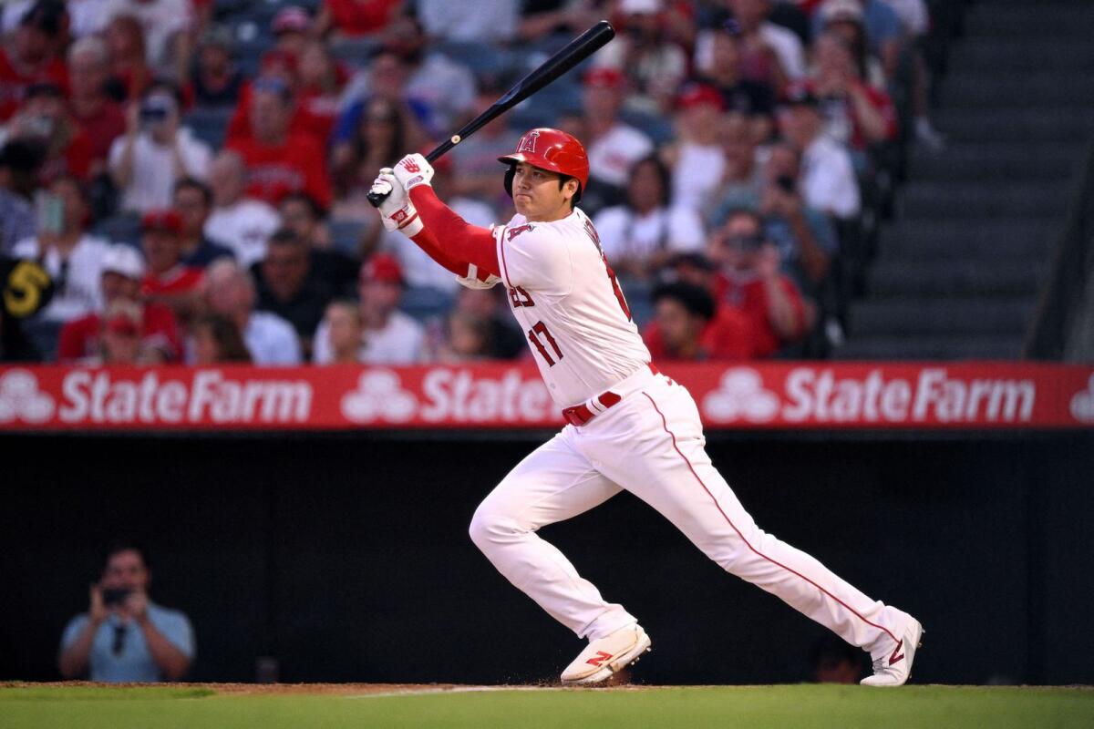 Los Angeles Angels designated hitter Shohei Ohtani (17) lines out against the Cincinnati Reds. — Reuters