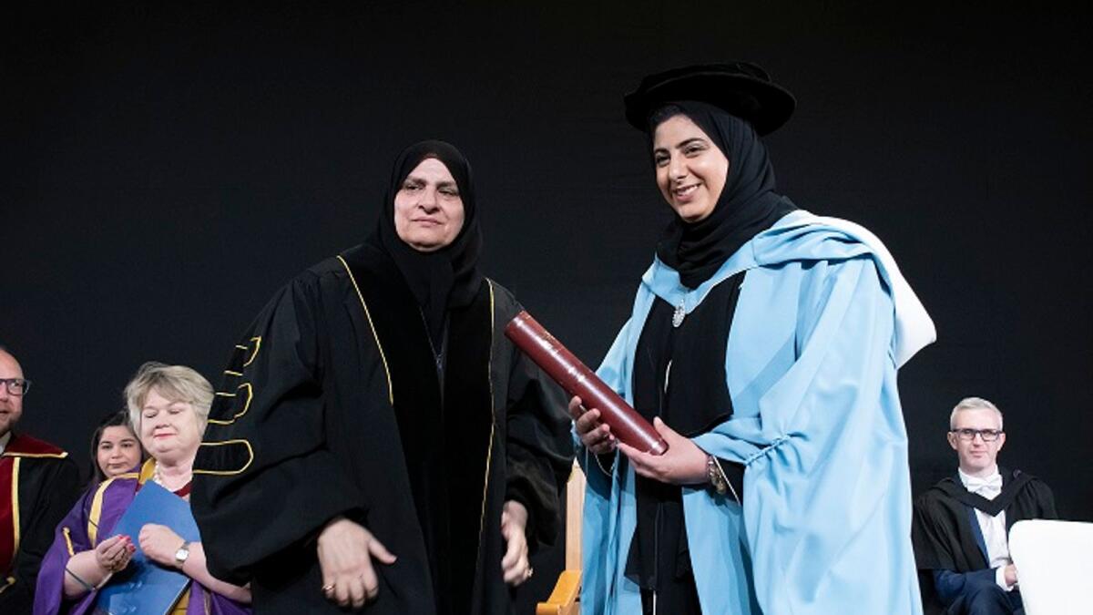 Dr Raja Easa Al Gurg, pro-chancellor of Heriot-Watt University in Dubai, conferring honorary degree to Sheikha Shamma bint Sultan bin Khalifa Al Nahyan, President and CEO of UAE Independent Climate Change Accelerators (UICCA).