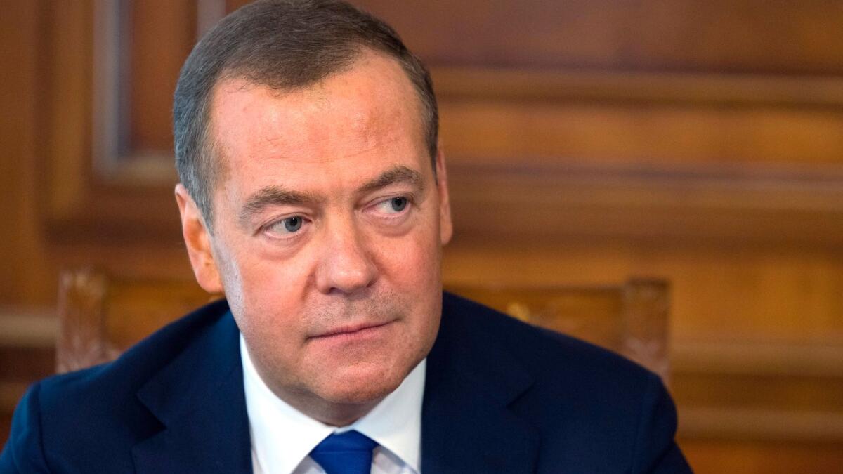 Russian Security Council Deputy Chairman and the head of the United Russia party Dmitry Medvedev speaks to the Russian media at the Gorki state residence, outside Moscow, Russia, on March 23, 2023. — AP file