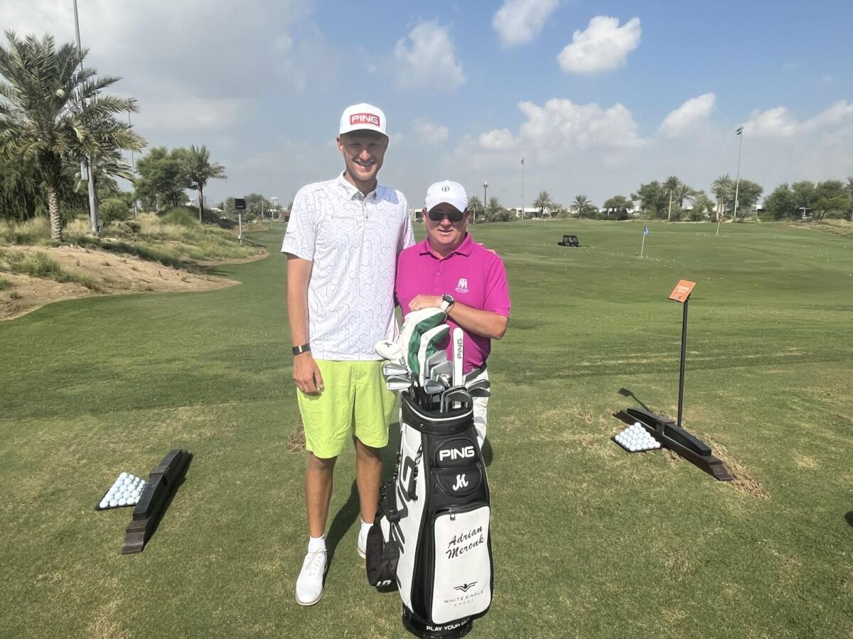 Dubai based Adrian Meronk (right) practising at Trump International Golf Club, Dubai, alongside his long-time coach Matthew Tipper (right). - Supplied photo