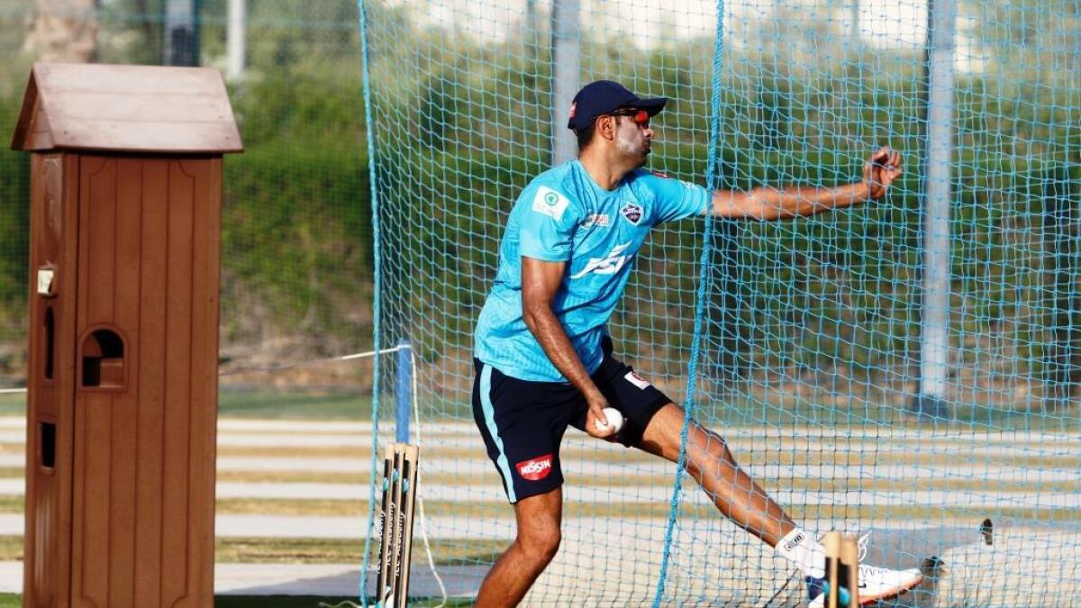 Ravichandran Ashwin bowls during a nets session in Dubai (DC Twitter)