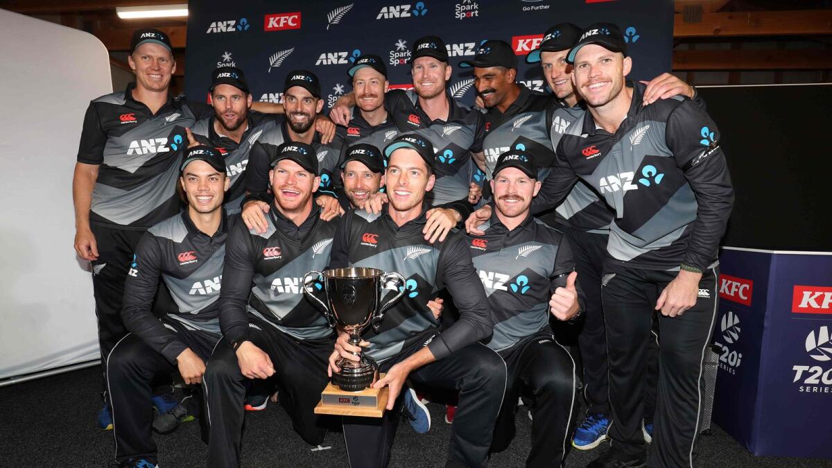New Zealand players celebrate a 2-0 series win after the third Twenty20 International. (AFP)