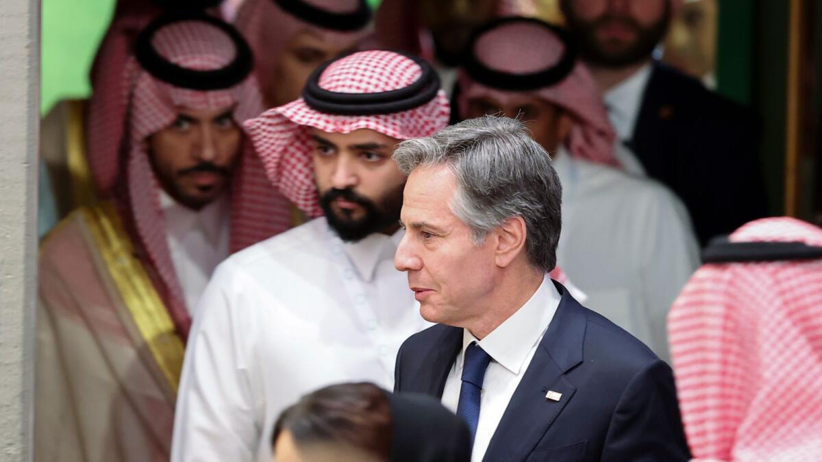 Antony Blinken looks on as he attends a joint news conference with Saudi Arabia's Foreign Minister Prince Faisal bin Farhan at the Intercontinental Hotel in Riyadh. — AP