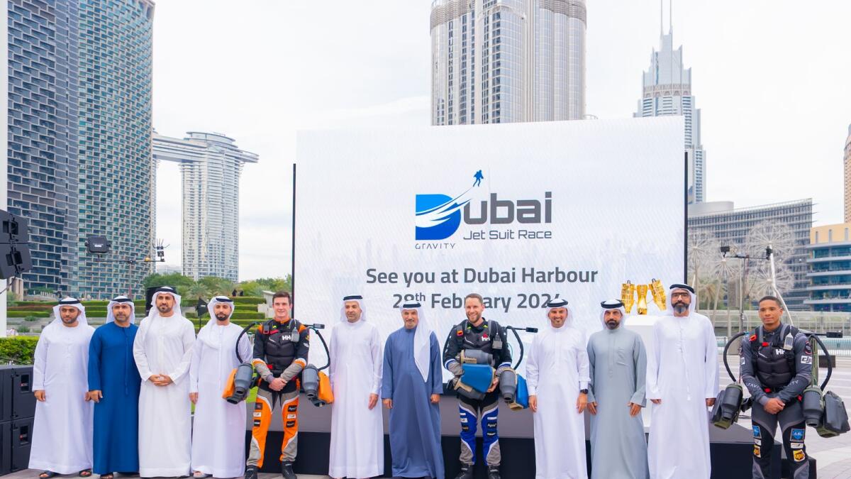 Officials and competitors at the announcement of the Dubai Jet Suit Race. — Supplied photo