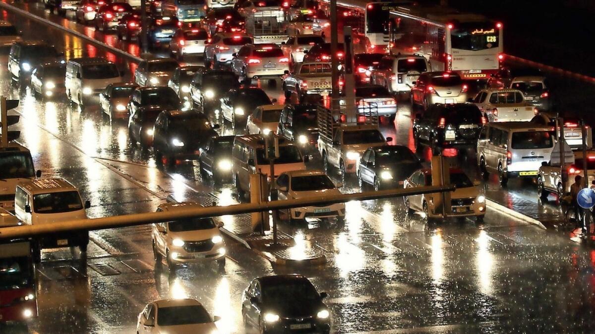 Heavy rain, accompanied by strong winds, has resulted in traffic jams in several places in Sharjah and Dubai on Sunday night-Photo by Juidin Bernarrd