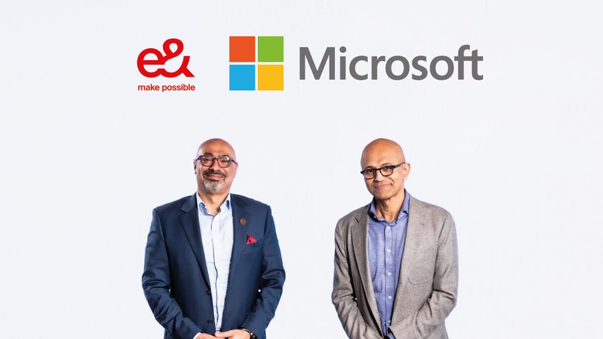 Hatem Dowidar, CEO, e&amp;; Satya Nadella, Chairman and CEO, Microsoftm, at the signing ceremony. — Supplied photo