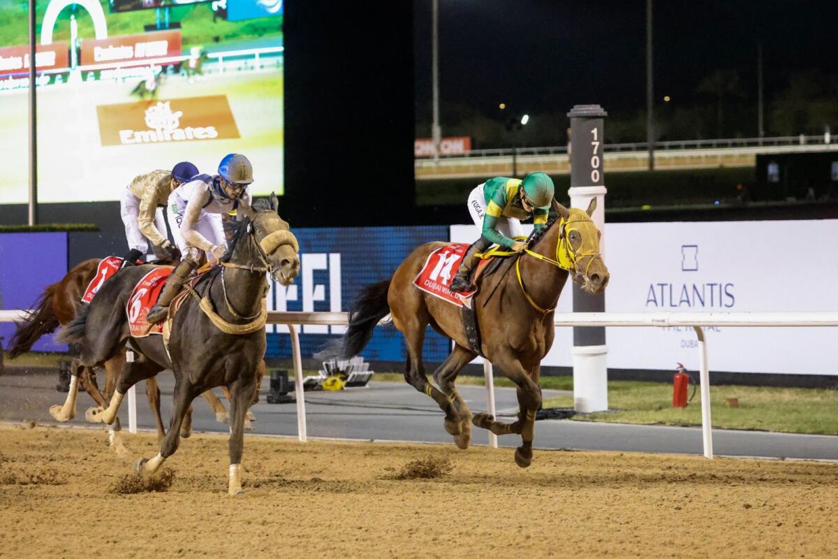 Ushba Tesoro (right) has a chance to become only the second horse after Thunder Snow to defend the Dubai World Cup title on Saturday. — AFP file
