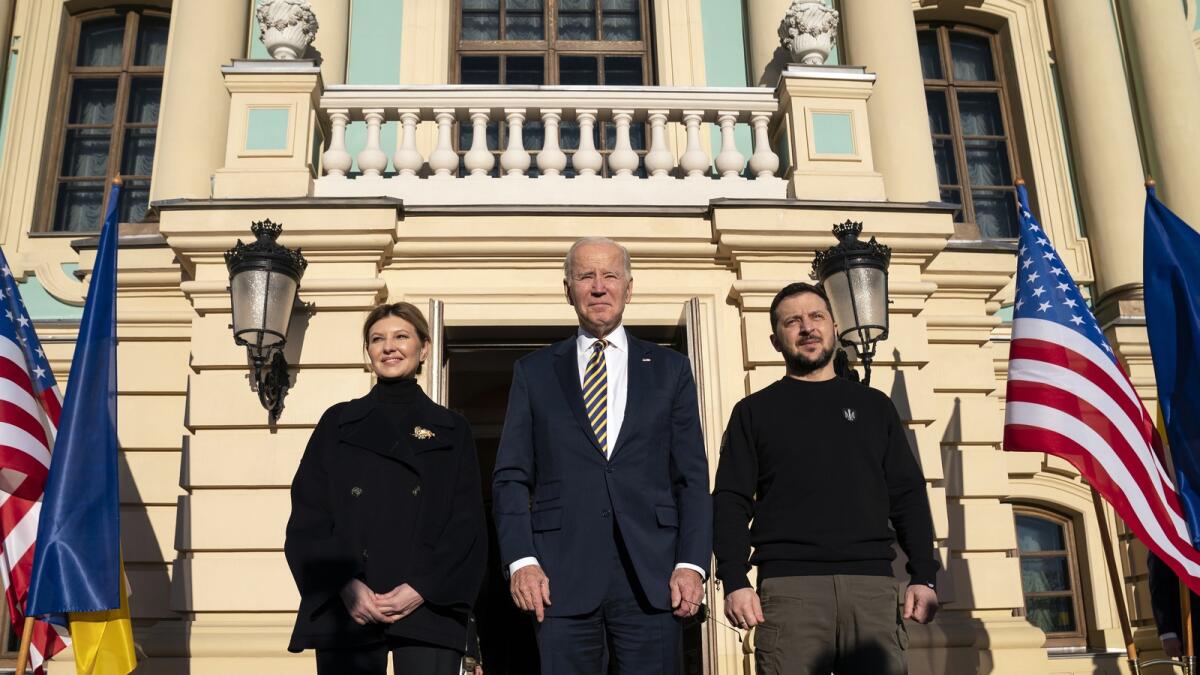 Joe Biden meets with Volodymyr Zelensky and his wife Olena Zelenska at Mariinsky Palace during an unannounced visit in Kyiv. — AP