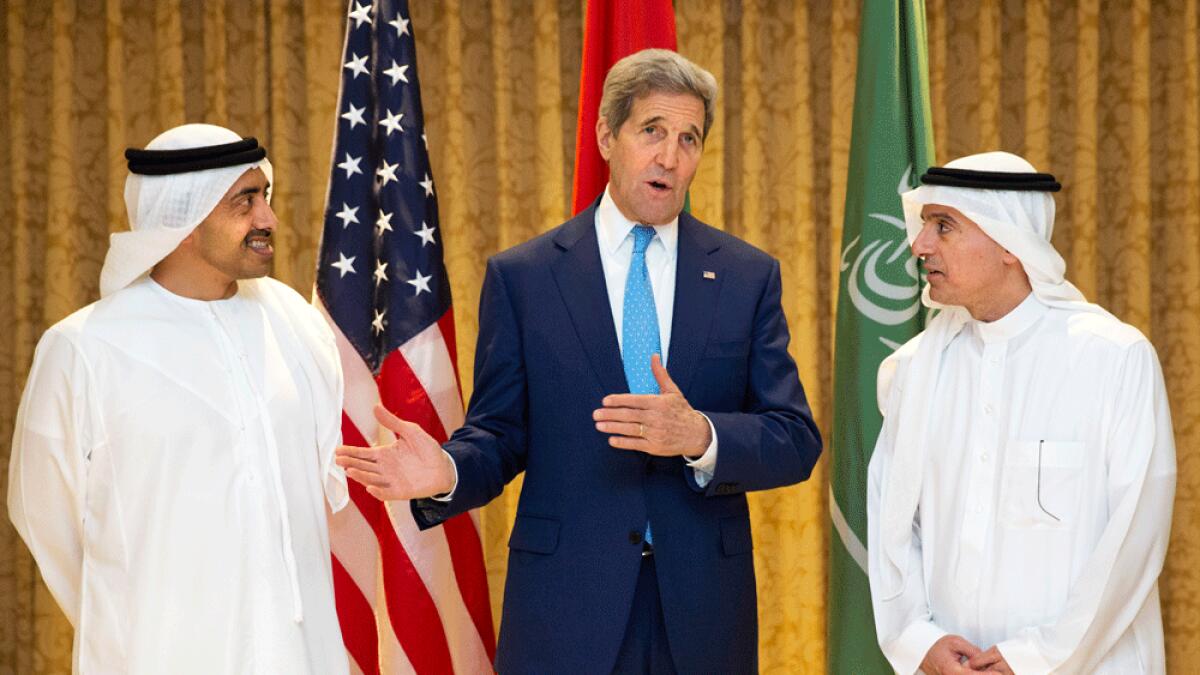 Shaikh Abdullah bin Zayed Al Nahyan, Foreign Minister, and his Saudi counterpart Adel Al Jubeir, with John Kerry in Abu Dhabi.