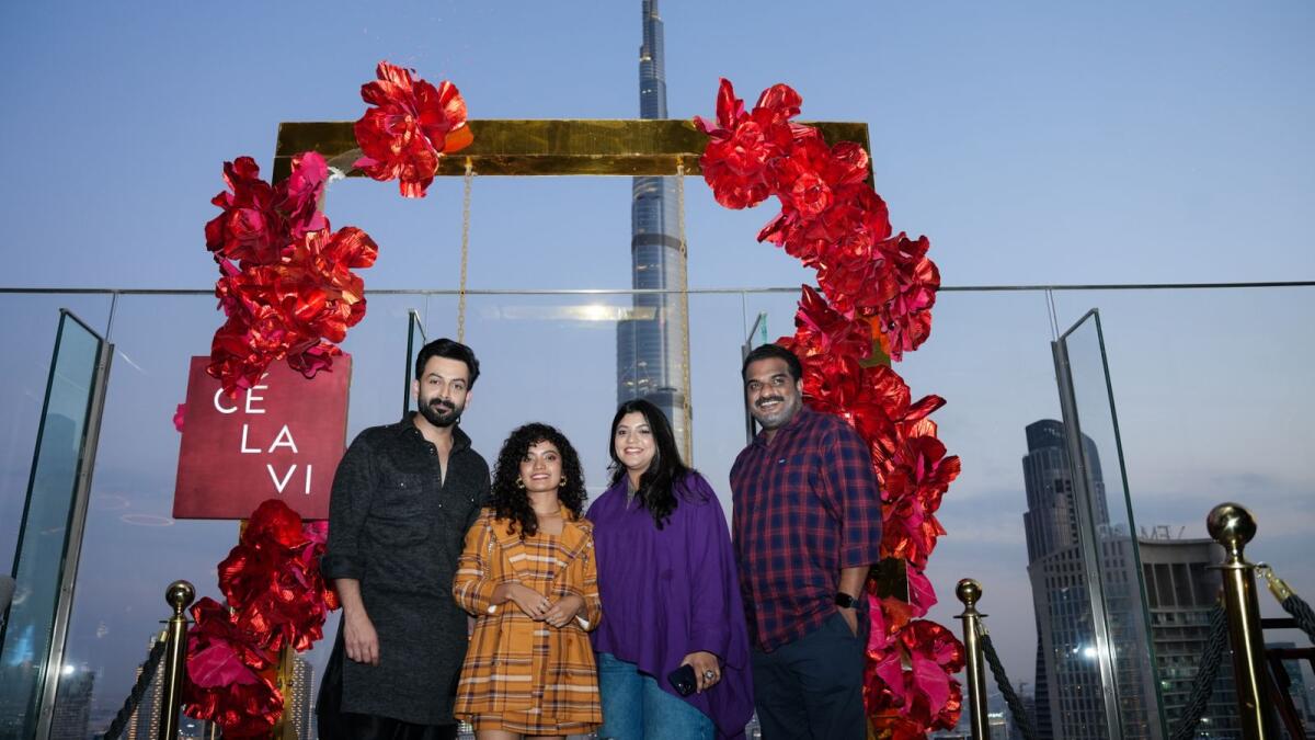 Prithviraj, Anna Ben, Aparna Balamurali and Dillesh Pothan during the Dubai promotion of Kaapa