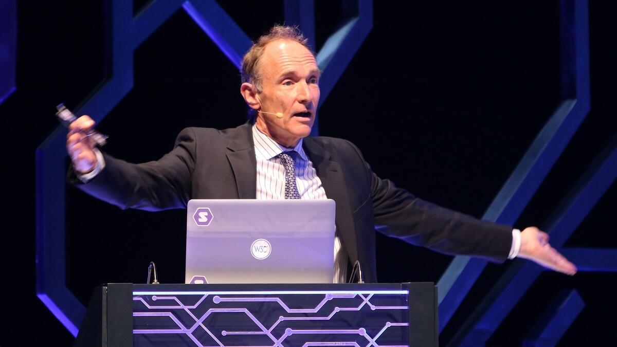 Sir Timothy John Berners-Lee - Chairman of the Open Data Institute - Father of the Internet – USA giving his speech during the opening day of the International Government Communication Forum at Expo Center in Sharjah – Photo by M. Sajjad