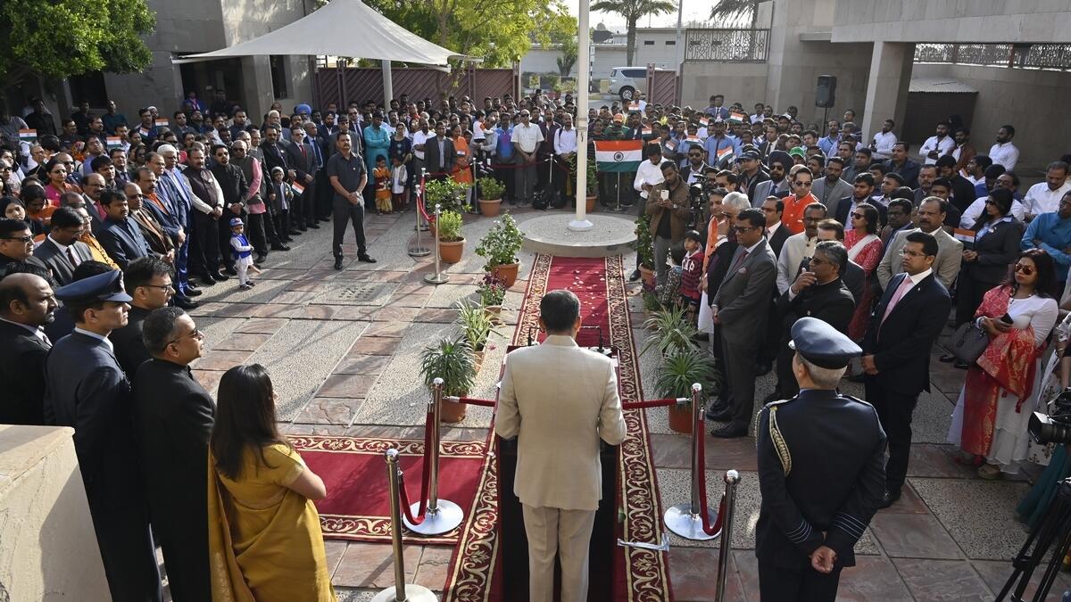 Indian Ambassador to UAE, Pavan Kapoor, addressing the Indian community during India 71st Republic Day celebrations held at the Embassy in Abu Dhabi.