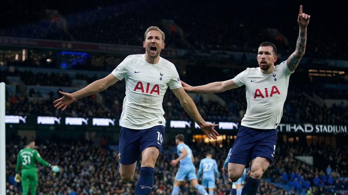 Tottenham's Harry Kane (left) celebrates with Pierre-Emile Hojbjerg after scoring his side's second goal. (AP)