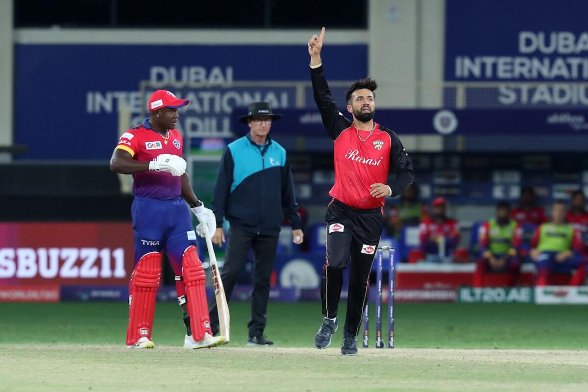 Rohan Mustafa  of Desert Vipers celebrates the wicket of Sikandar Raza of Dubai Capitals. — Supplied photo