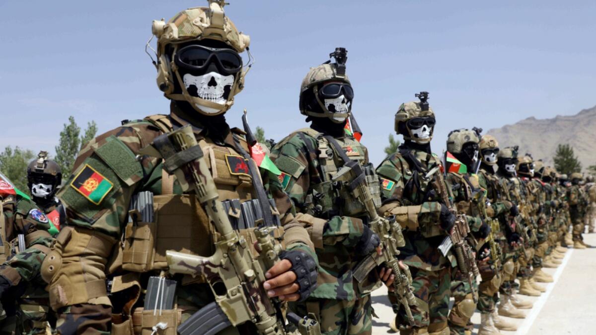 Newly Afghan Army Special forces attend their graduation ceremony after a three-month training programme at the Kabul Military Training Centre (KMTC) in Kabul. — AP
