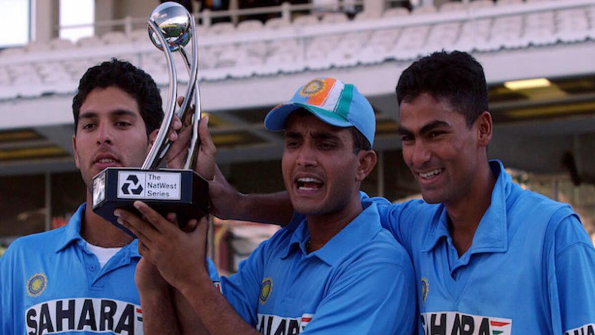 Mohammad Kaif (right), captain Sourav Ganguly and Yuvraj Singh celebrate their historic 2002 Natwest Series final win. (Twitter)