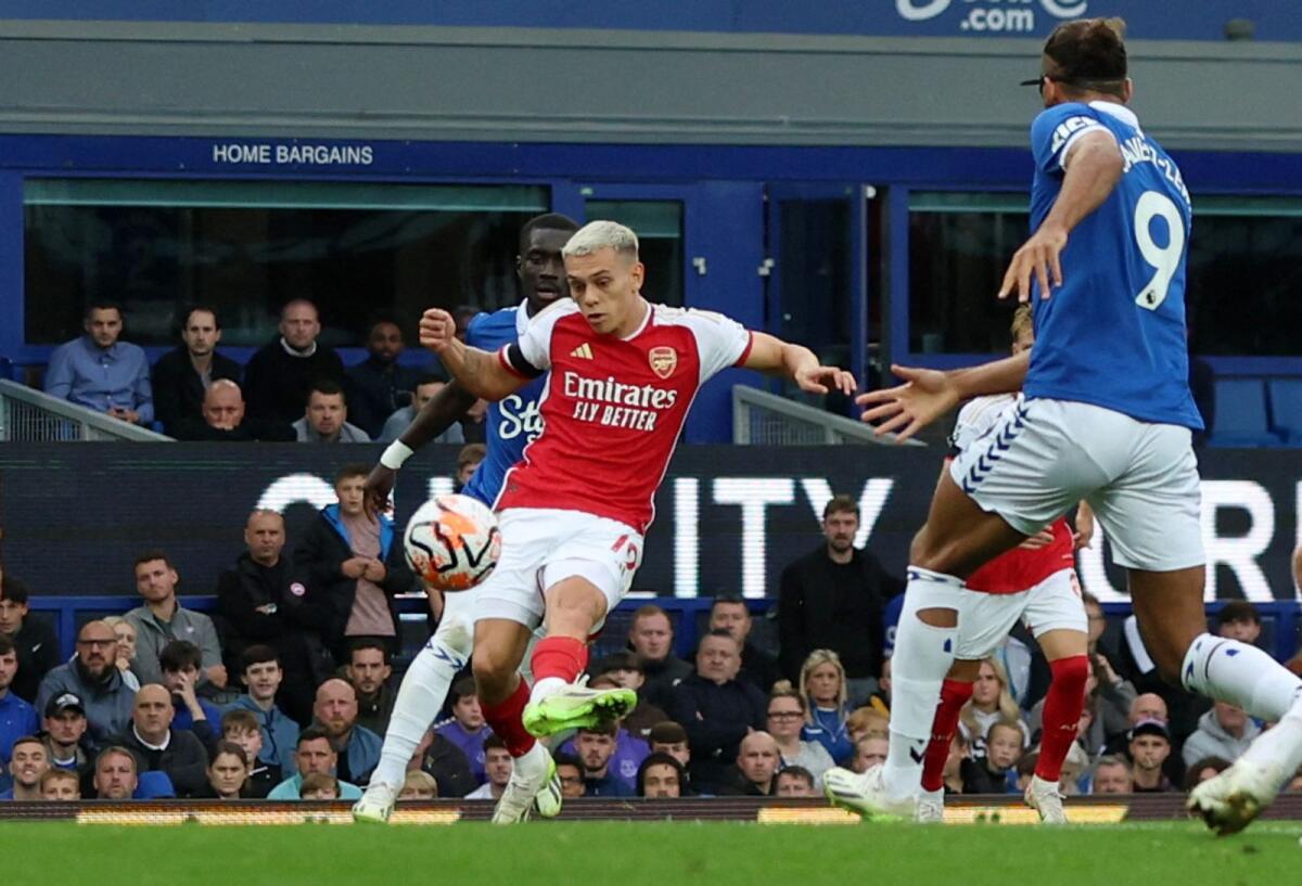 Arsenal's Leandro Trossard scores a goal during the match against Everton. — Reuters