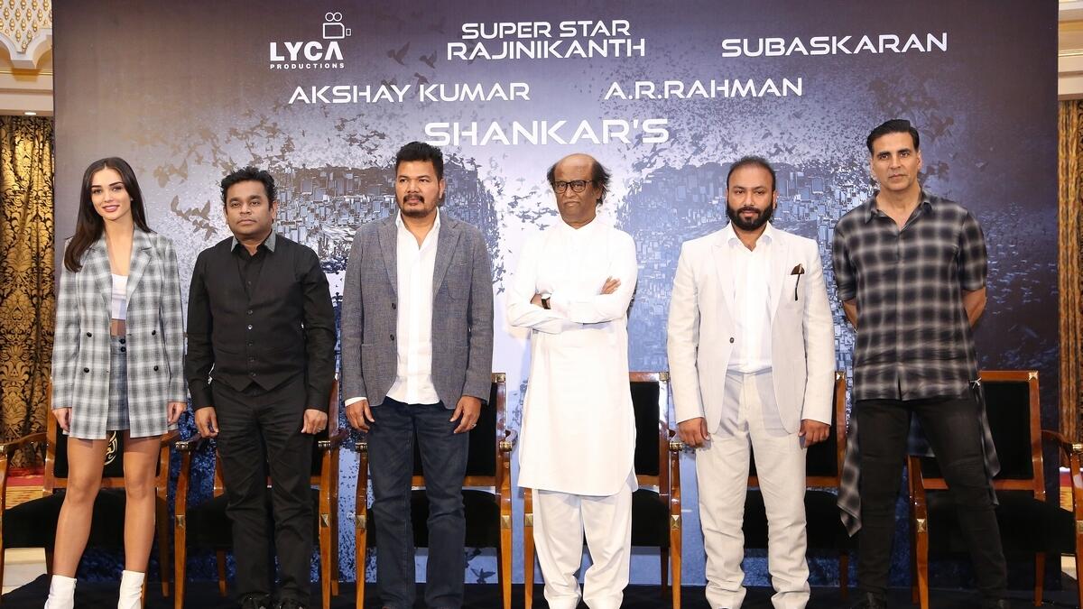 From left, Amy Jackson, A R Rahman, Shankar, Rajinikanth, Subaskaran and Akshay Kumar