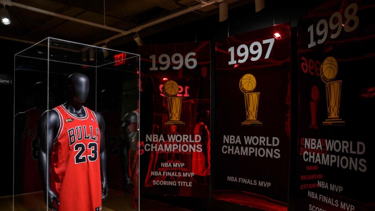 'The Last Dance' jersey, from Game 1 of the 1998 NBA Finals, is displayed in New York City. — AFP