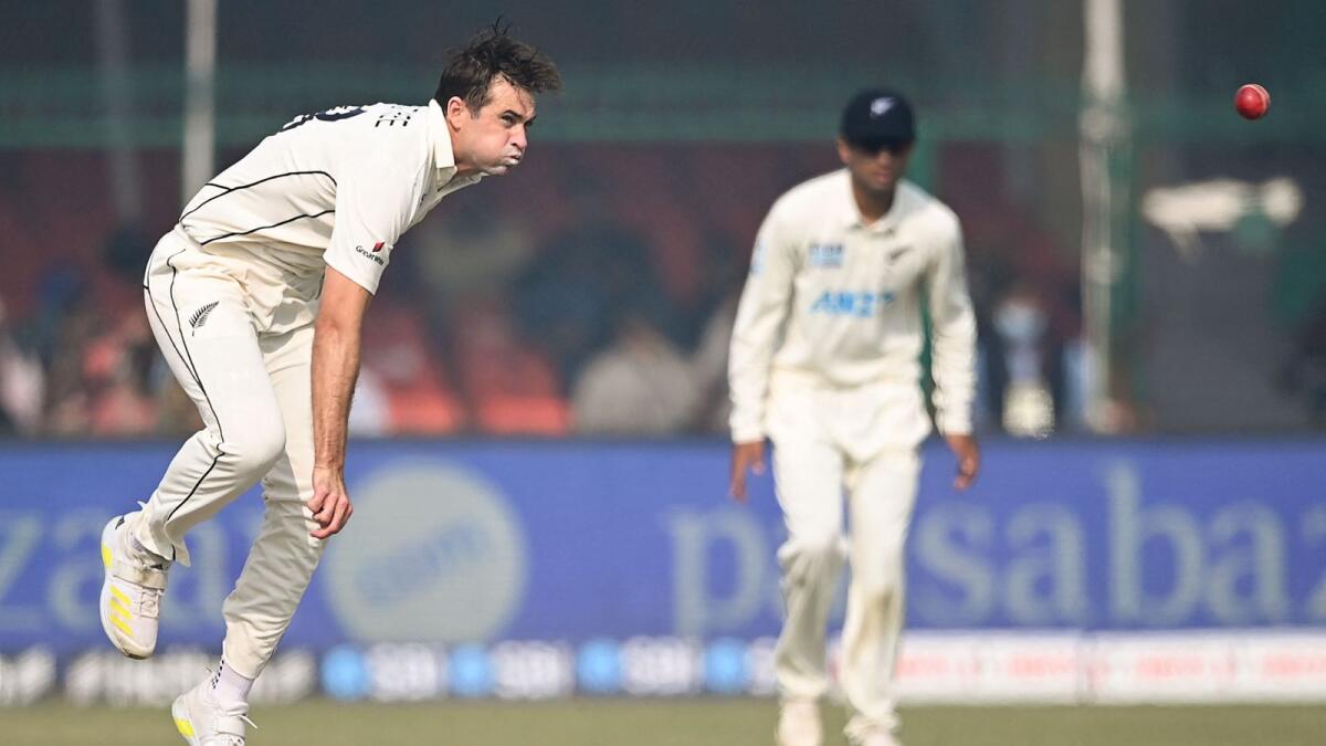 New Zealand's Tim Southee bowls against India on the second day of the first Test in Kanpur on Friday. — AFP