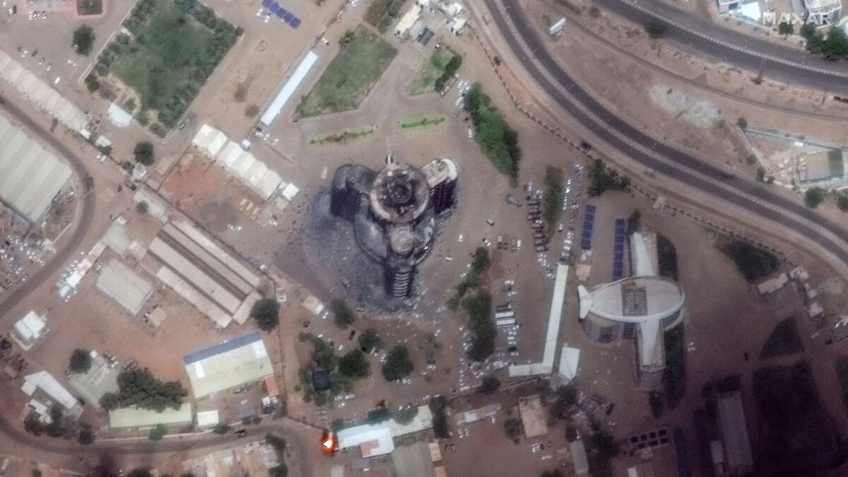 Satellite image shows burned and damaged General Command of the Sudanese Armed Forces headquarters building in Khartoum. — Reuters