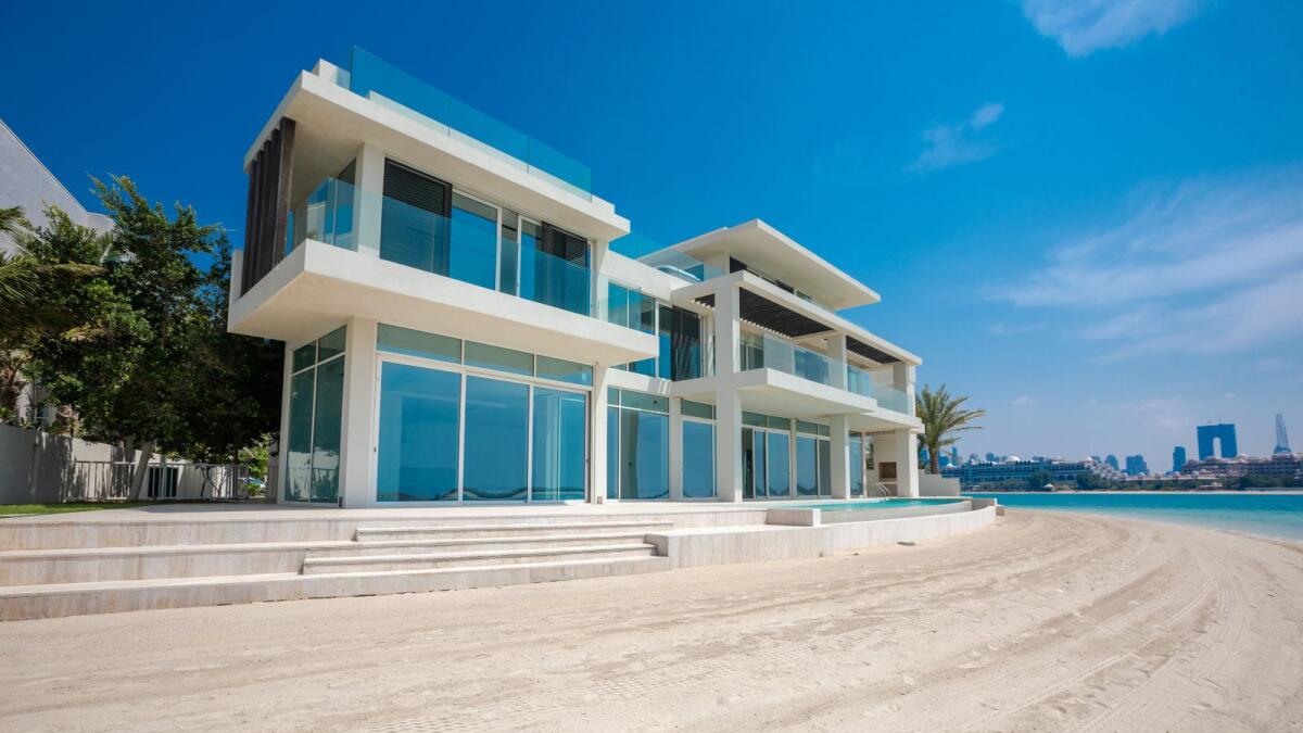 Dubai, United Arab Emirates 02/13/2020 : Exterior of a independent beach front Villa/ House in Palm Jumeirah in Dubai
