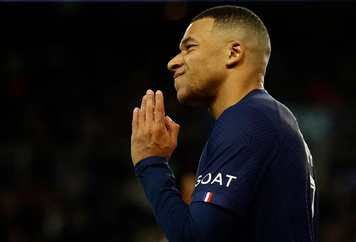 Paris St Germain's Kylian Mbappe reacts during the match against Strasbourg. — Reuters