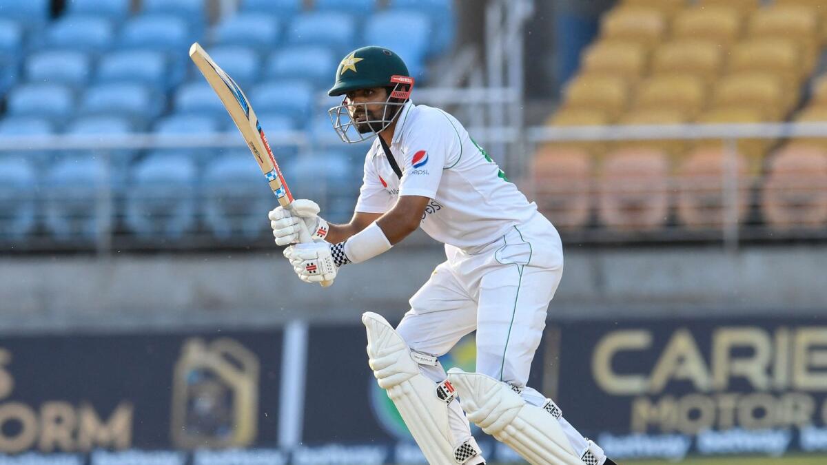 Babar Azam of Pakistan hits 4a four during day 3 of the 1st Test against West Indies. — AFP
