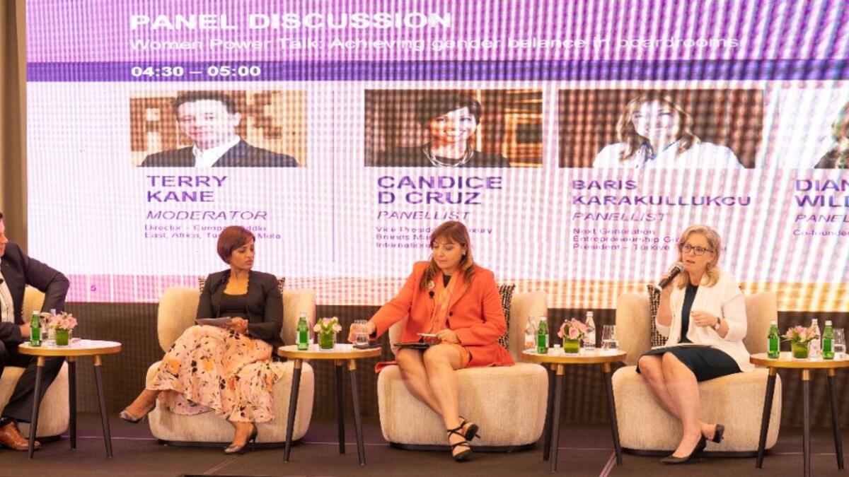 Terry Kane, Candice D Cruz, Baris Karakullukcu, Diana Wilde and Victoria Ivanova at a panel discussion in the Middle East Women Board of Directors Forum powered by Khaleej Times in Dubai. — Photo by Shihab